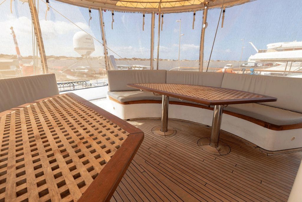 Liman-custom-motorsailor-aft-seating Liman custom motorsailor for sale FYS Mallorca