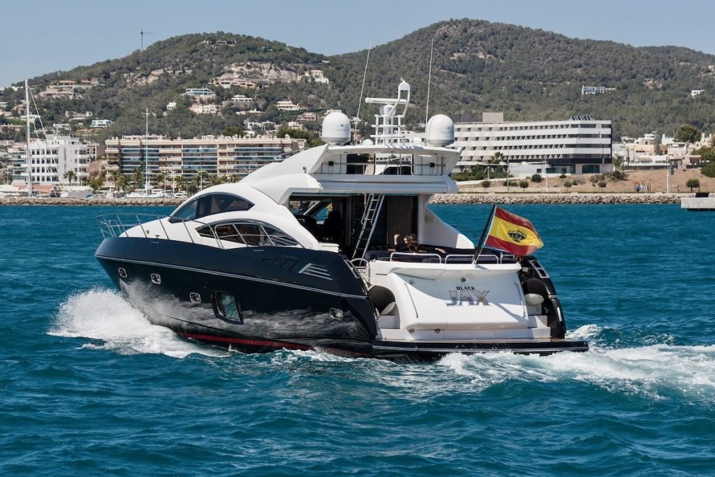 sunseeker predator 74 BLACK JAX for charter motor yacht, Ibiza, 12 guests, fys Mallorca, wakeboard, AC