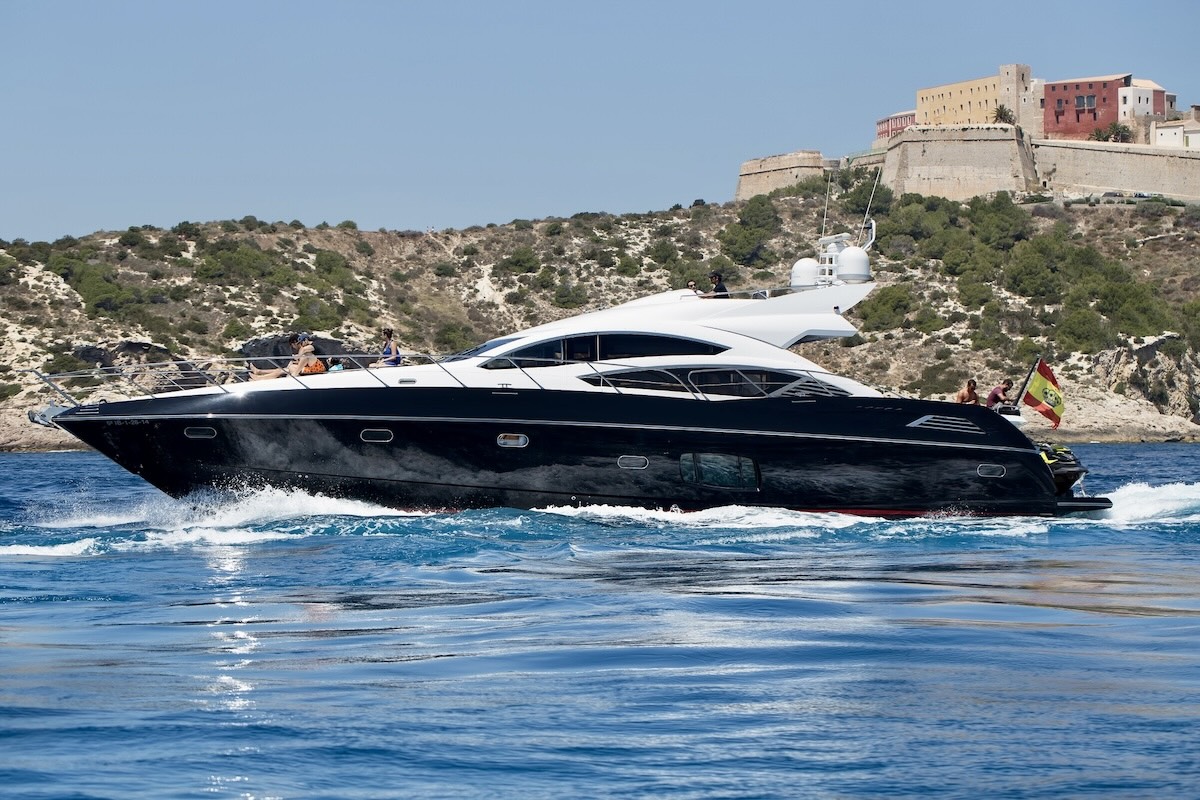 sunseeker predator 74 BLACK JAX for charter motor yacht, Ibiza, 12 guests, fys Mallorca, wakeboard, AC